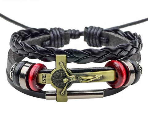 Pulsera Catolica de Cuero con Crucifijo